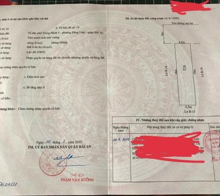 Bán đất 81m2 phố Tây Trung Hành, P Đằng Lâm, Q Hải An